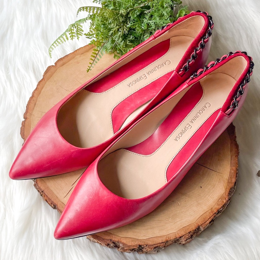 Carolinna Espinosa Cadence Red Leather Pointed Toe Chain Flats Heel Shoes 7.5 - Picture 8 of 8